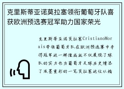 克里斯蒂亚诺莫拉塞领衔葡萄牙队喜获欧洲预选赛冠军助力国家荣光